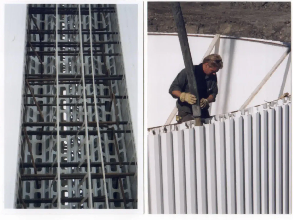 A close-up of a construction site showing the installation of Advantage Formwork panels to create tall, straight concrete pillars and walls, with reinforcing rebar visible within the forms.