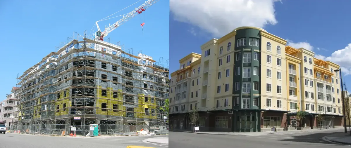 A side-by-side comparison of a condominium under construction with Advantage Formwork and the finished building.