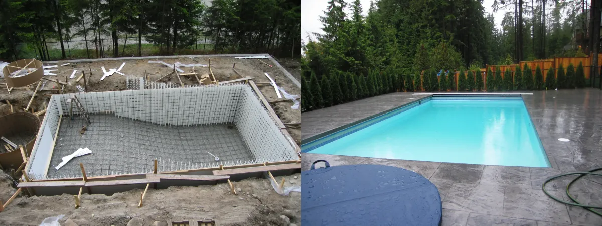 A side-by-side comparison of a pool under construction with Advantage Formwork and the finished pool.